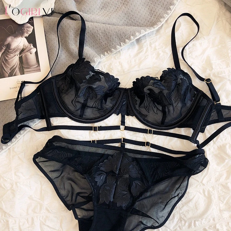 Logire Top Set di biancheria intima in pizzo da donna Set di reggiseno ricamato Set ultrasottile B C D Reggiseno con coppa trasparente Reggiseno push up sexy_voghion.com