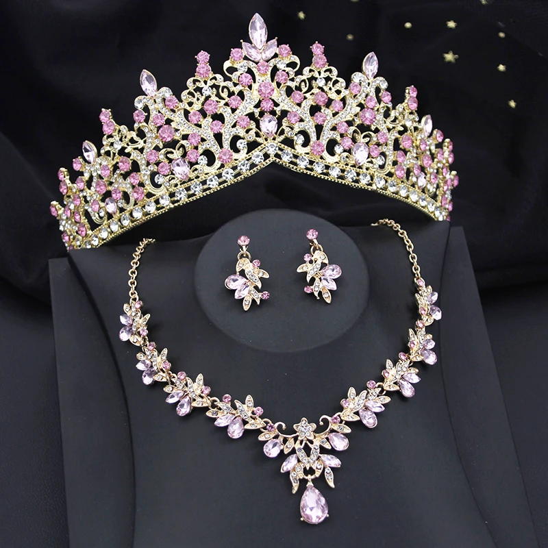 

Baby Blue Crystal Water Drop Bridal Jewelry Sets Luxury Tiaras Crown Necklace Earrings Wedding Dubai Jewelry Set Pink