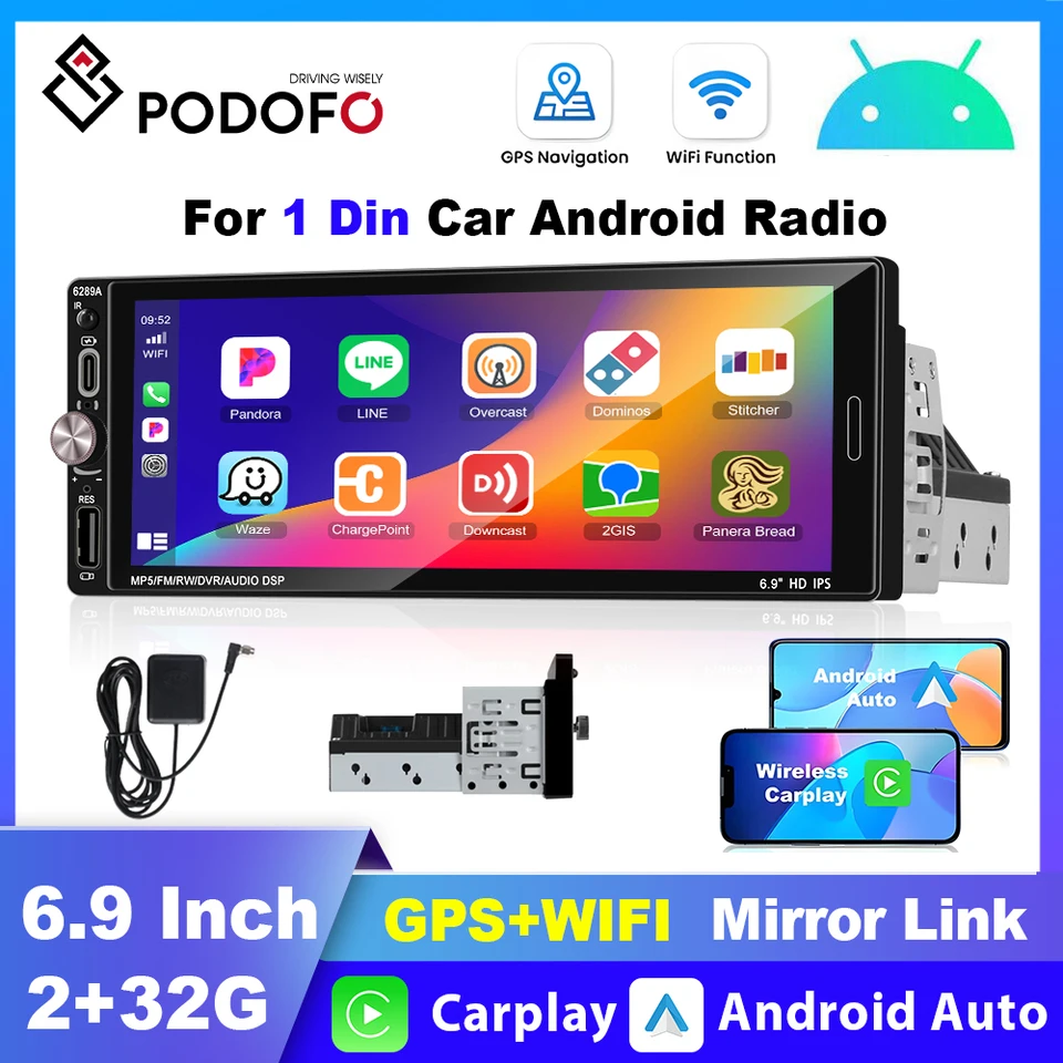 Autoradio Podofo 1 DIN 9" Bluetooth 5.0 - Apple CarPlay/Android Auto Sans Fil - Ecran Tactile Rotatif + Caméra Recul