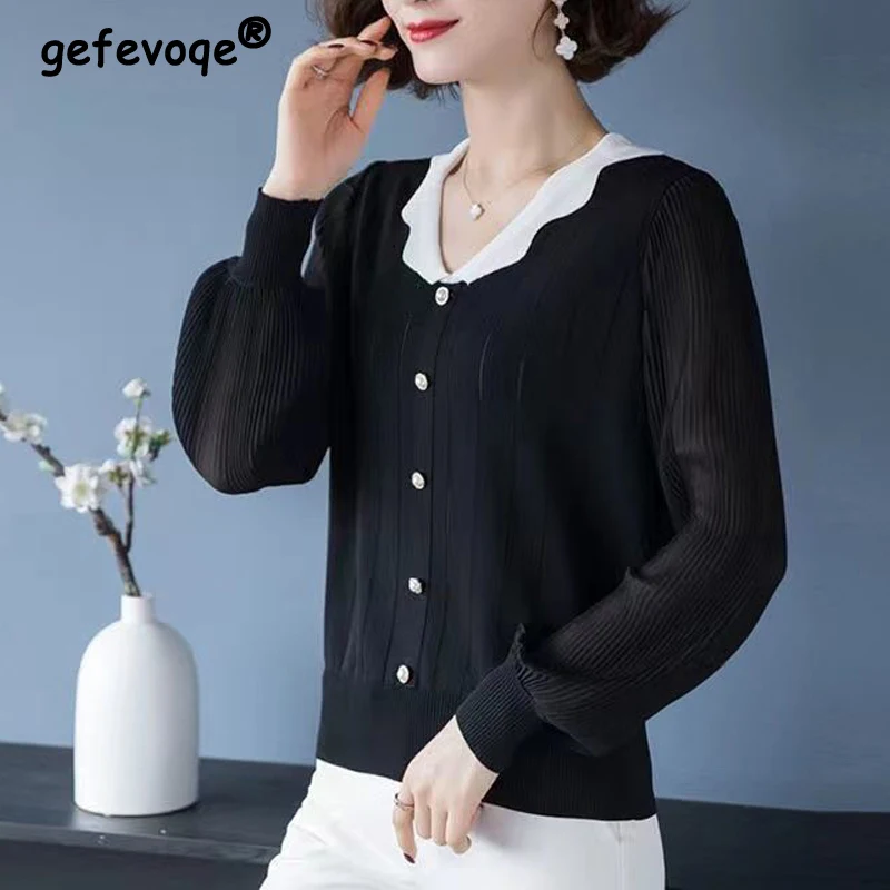 

Spring Fall Elegant Fashion Chic Patchwork Button Slim Thin Knitted Sweater Women Casual Sweet Long Sleeve Pullover Ladies Tops
