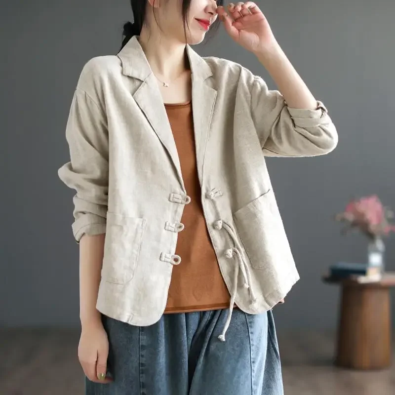 New Vintage Plate Button Cotton Blazer Women Spring Autumn Coat Long Sleeve Thin Jacket Korean Fashion Tops Coats