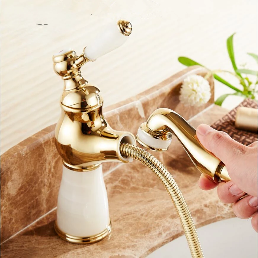 

Fashion Jade and Brass Construction Gold/rose Gold Finished Bathroom Basin Faucet,sink Tap Mixer with Pull Out Shower Head