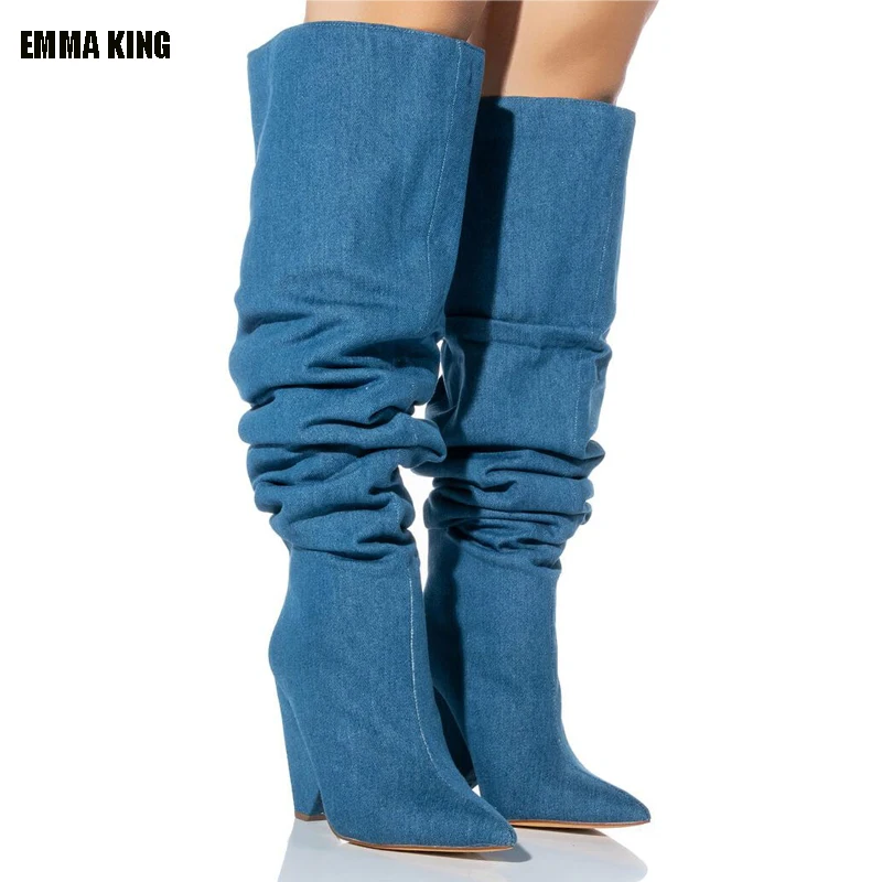 

Pointed Toe Stiletto Cowboy Blue Boots Woman Winter 2023 Spike High Heel Knee-High Boot Boot Female Fashion Shoes for Women 44