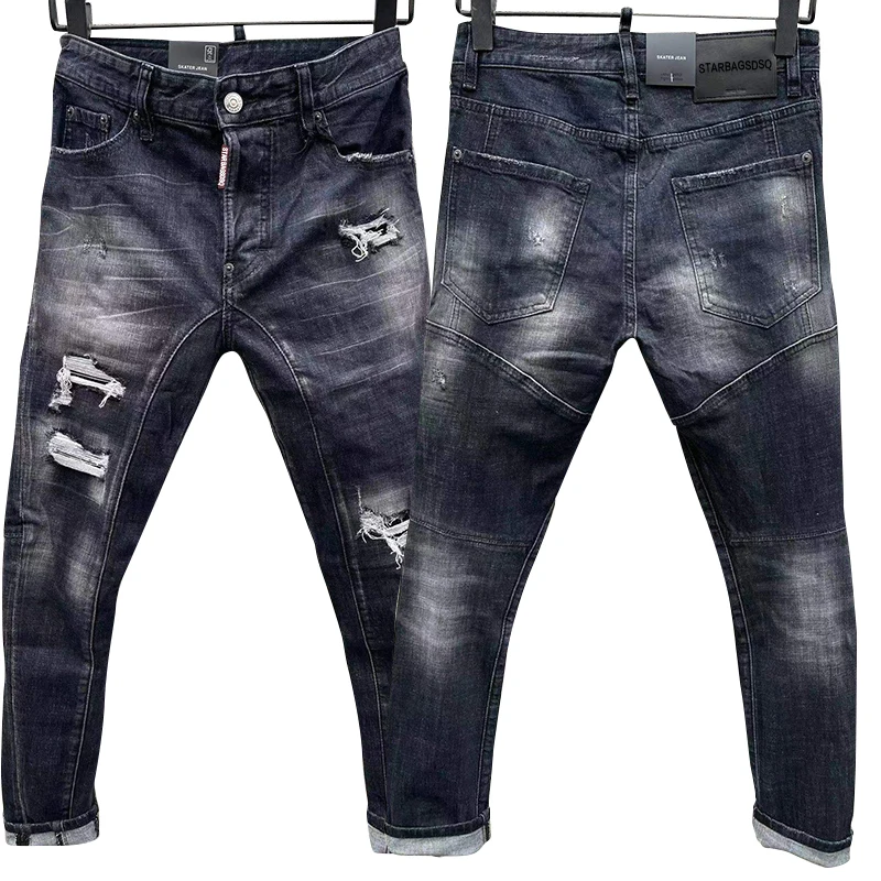 

Men's jeans chareiharper dsq t160 Scuffed spray paint patch ripped men's slim-fit micro-elastic feet jeans rock pants for men