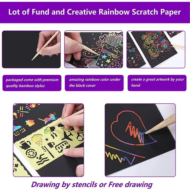 Scratch Paper Art Set Rainbow Card Scratch Black Scratch It Off Paper Crafts Notes with Wooden Stylus Stencils for Kid DIY Gift 4