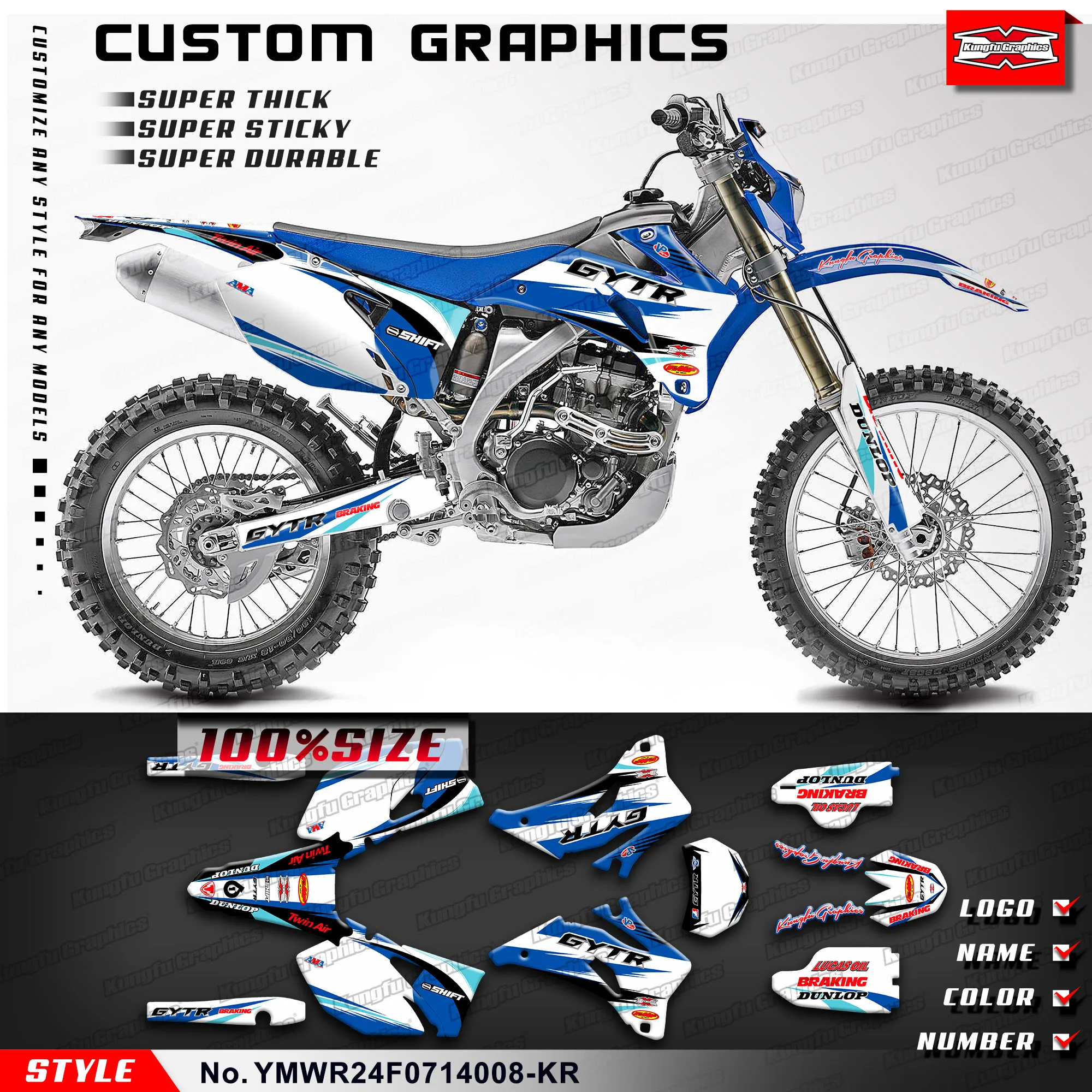 KUNGFU GRAPHICS MX Stickers Decal Kit for Yamaha WR 250F 450F WR250F WR450F 2007 2008 2009 2010 2011 2012 2013 2014, White Blue