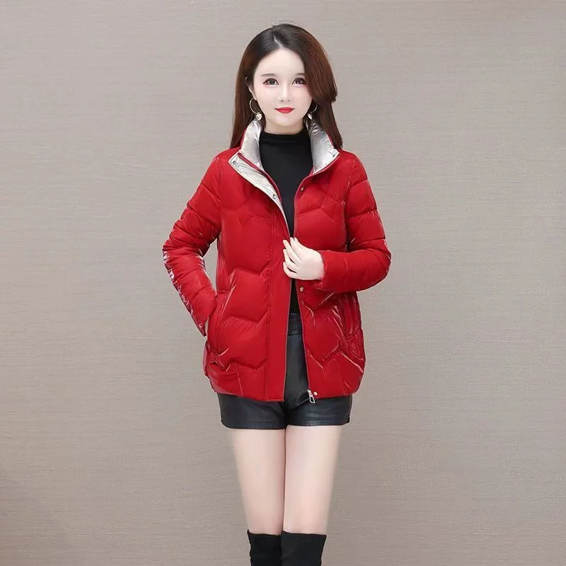 2023 Free Wash Pearlescent Bright Face Short Thick Cotton Coat Female Loose Slim Fashion Standing Collar Warm Down Cotton Jacket