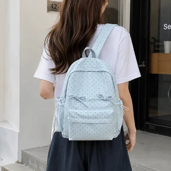 Zaino alla Moda con Pois, Grande Capacità, Design con Fiocco, Minimalista, Resistente, Leggero, Borsa Scolastica per Studenti, per Pendolari