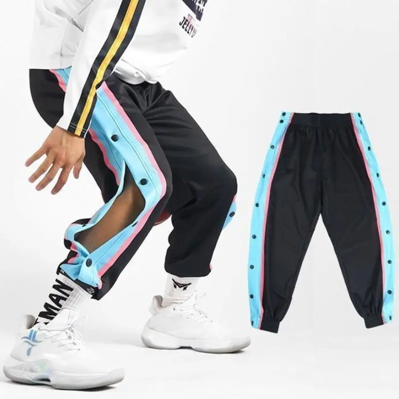 Sports Trousers Men's Basketball Training Full-opening Button-down Pants  Loose Plus Size Side-opening Button-down Pants Men