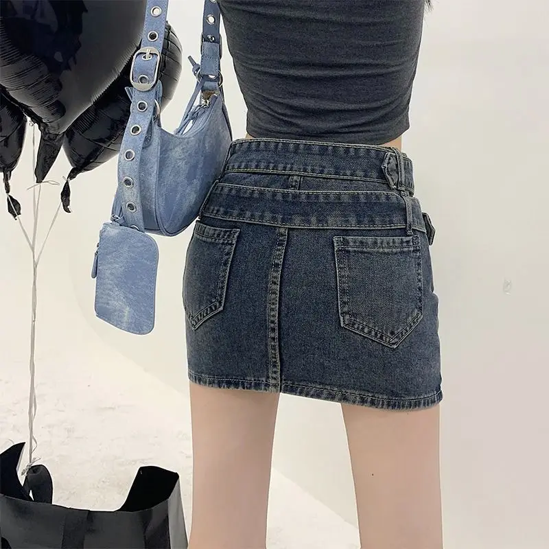 Denim Mini Skirt  Women’s S-5XL Plus size Jeans Womens Sexy Vintage Leisure All-match Slim Daily Streetwear Hot Girls Korean Style Stylish Gothic Punk Design Belts Y2K Punkrock Skirts for Goth Woman in Dark Blue