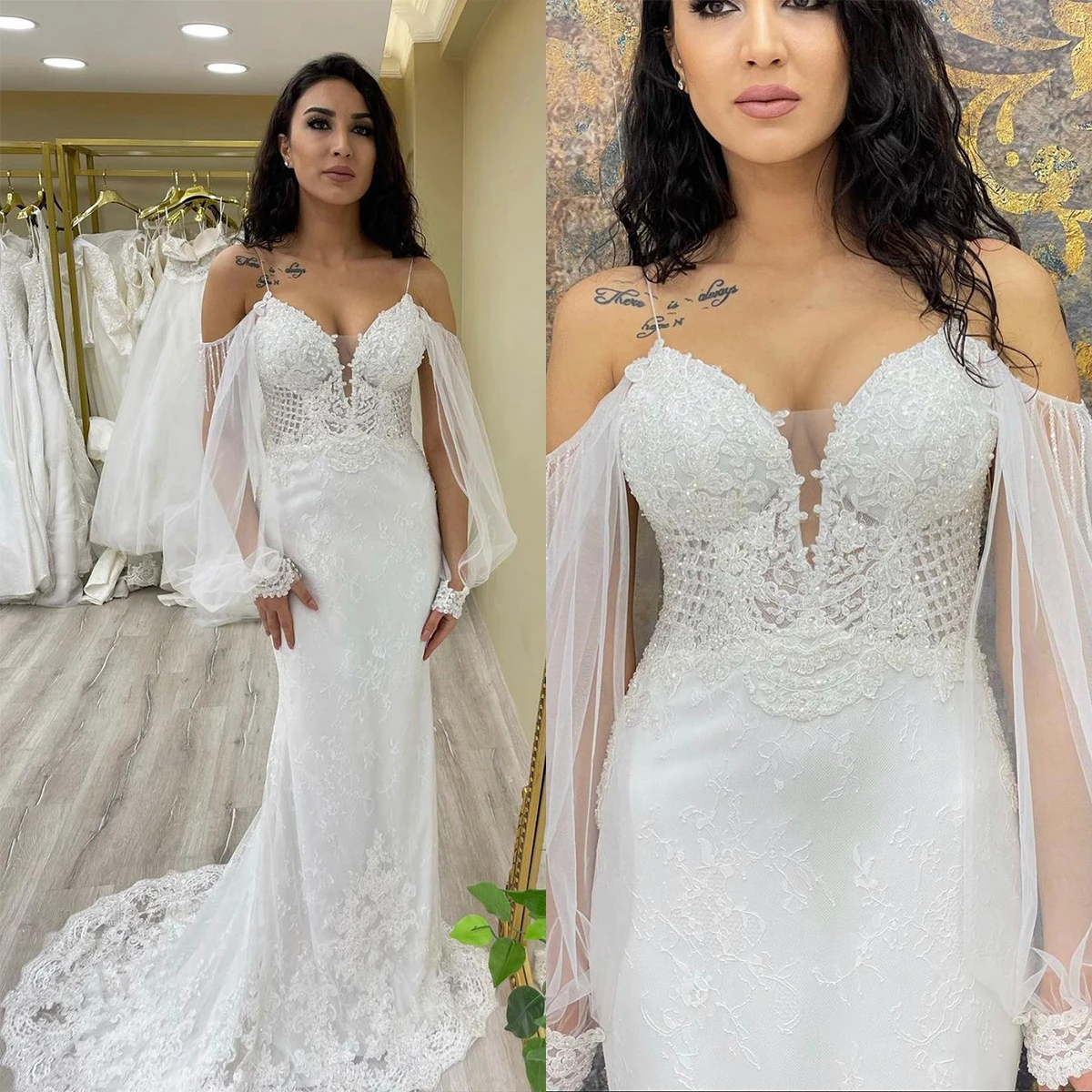 

Gorgeous Wedding Dresses Sexy Spaghetti Straps Appliques Lace Bridal Gowns Custom Made Sweep Train Lace-Up Back Robe De Mariee