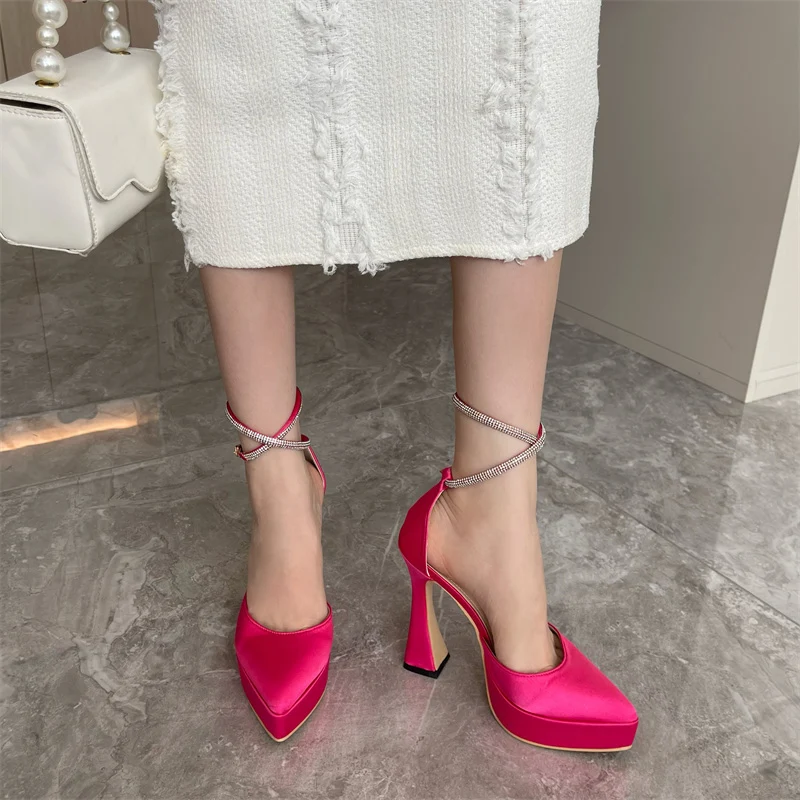 Vanessas crystal ankle strap high heels for women – solid silk pointed toe party pumps