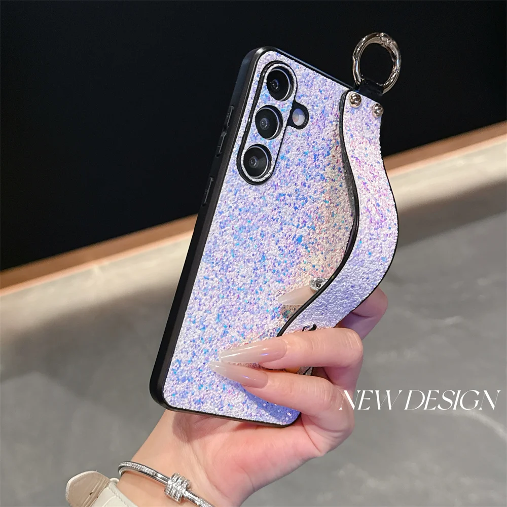 Luxury Glitter Wristband Bracket Case with Hand Strap and Bling Shockproof Cover