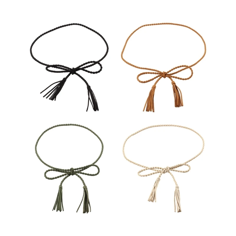 

2XPC Color Optional Women Waist Belt Vintage Bohemian Style Elastic Braided Thin Belt