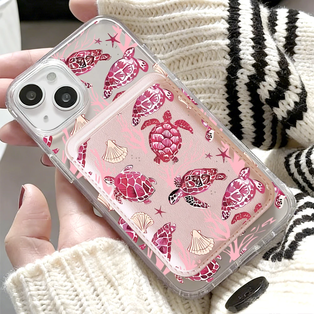Sea Turtle Clear Phone Case with Card Holder and MagSafe Compatibility