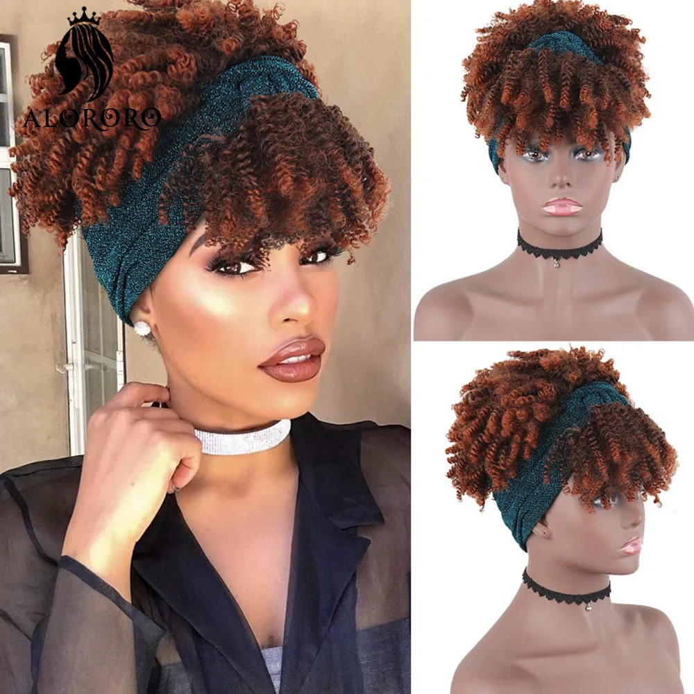 

Afro Headband Wig Synthetic Ombre Kinky Curly Wig with Bangs Headband Wig for Women Natural Drawstring High Puff Head Wrap