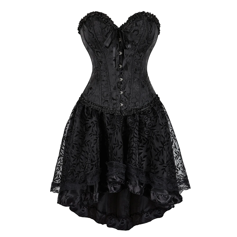 

Black Corset Dress Set Overbust Bustier Top With Asymmetrical High Low Skirt