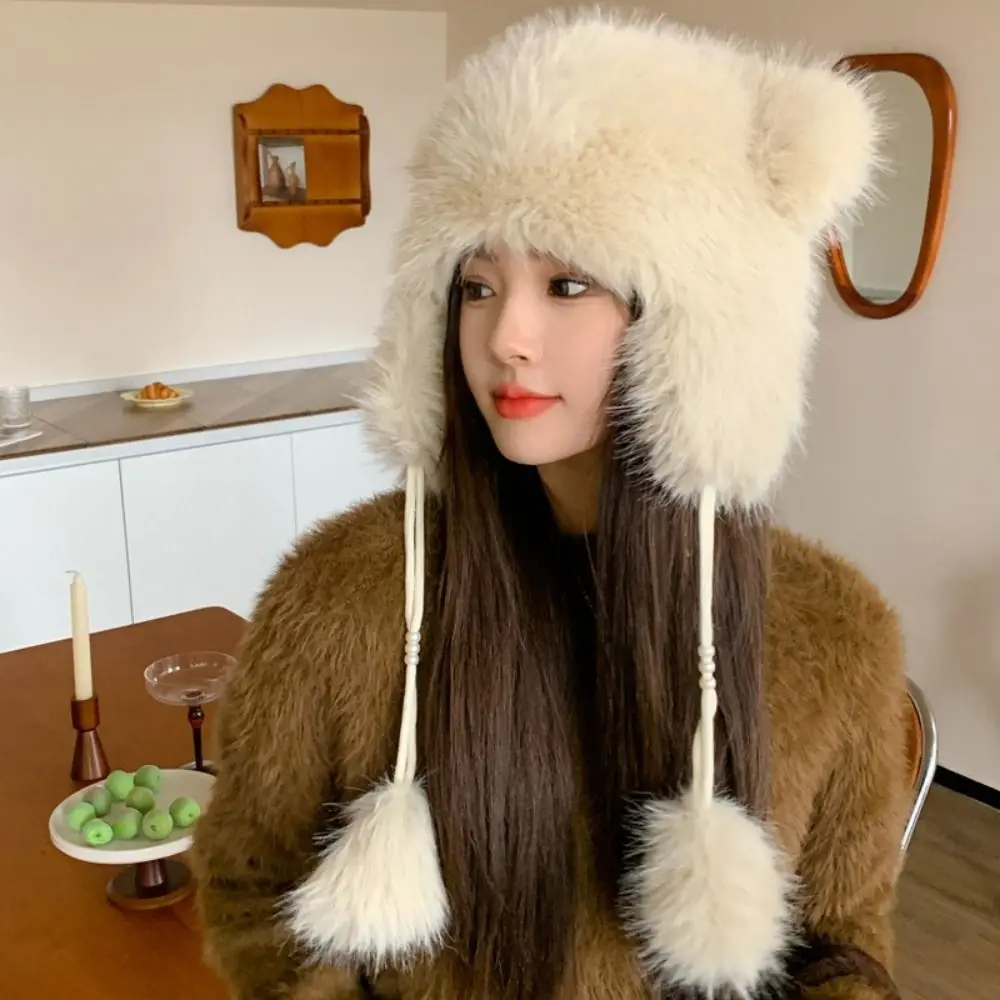 

1PC Cute Plush Bear Ears Hat Thickened Winter Pearl Velvet Bucket Hat Warm Solid Color Ear Protection Hat For Women