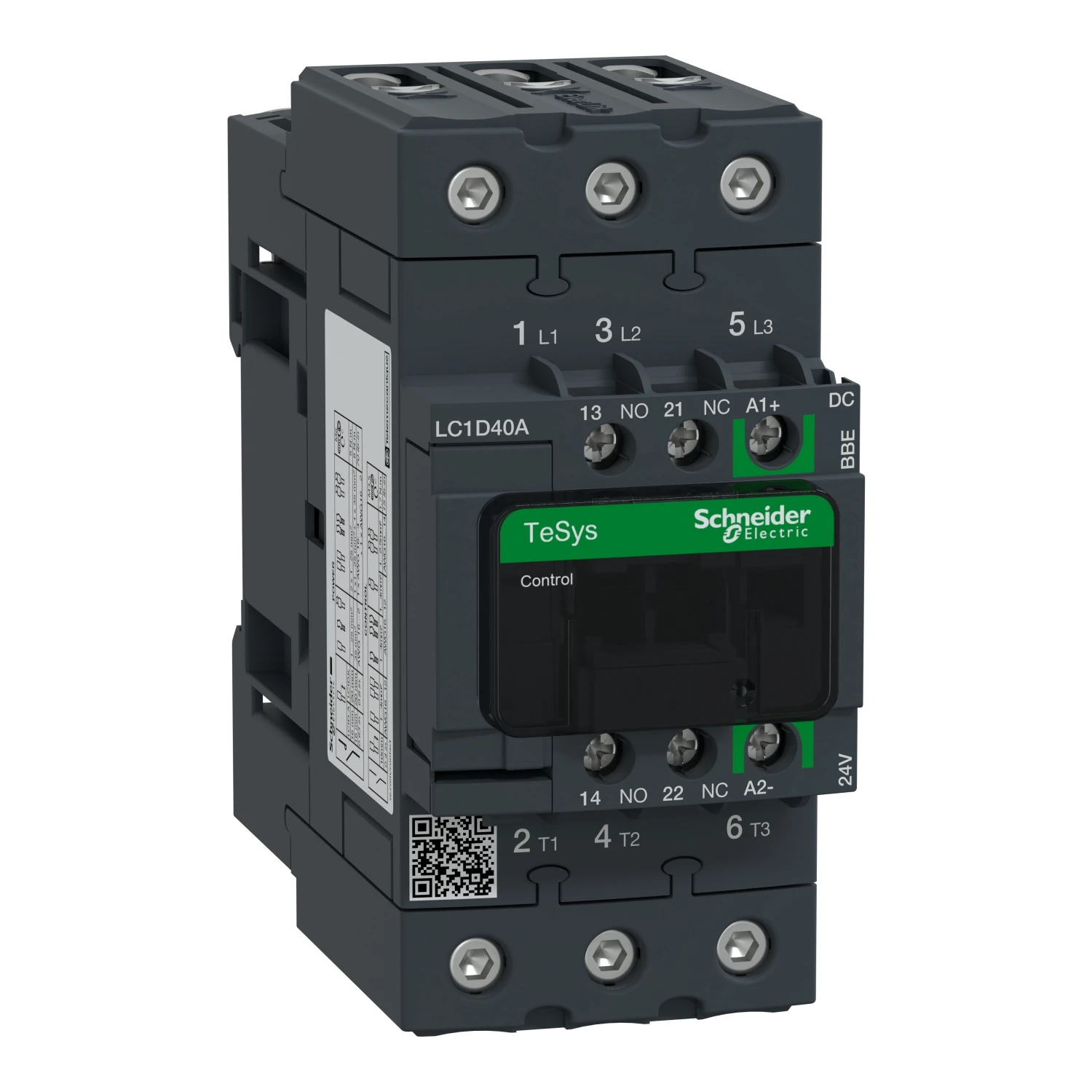 

LC1D40ABBE IEC contactor, TeSys Deca Green, nonreversing, 40A, 30HP at 480VAC, up to 100kA SCCR, 3 phase, 3 NO, 24VDC coil, open