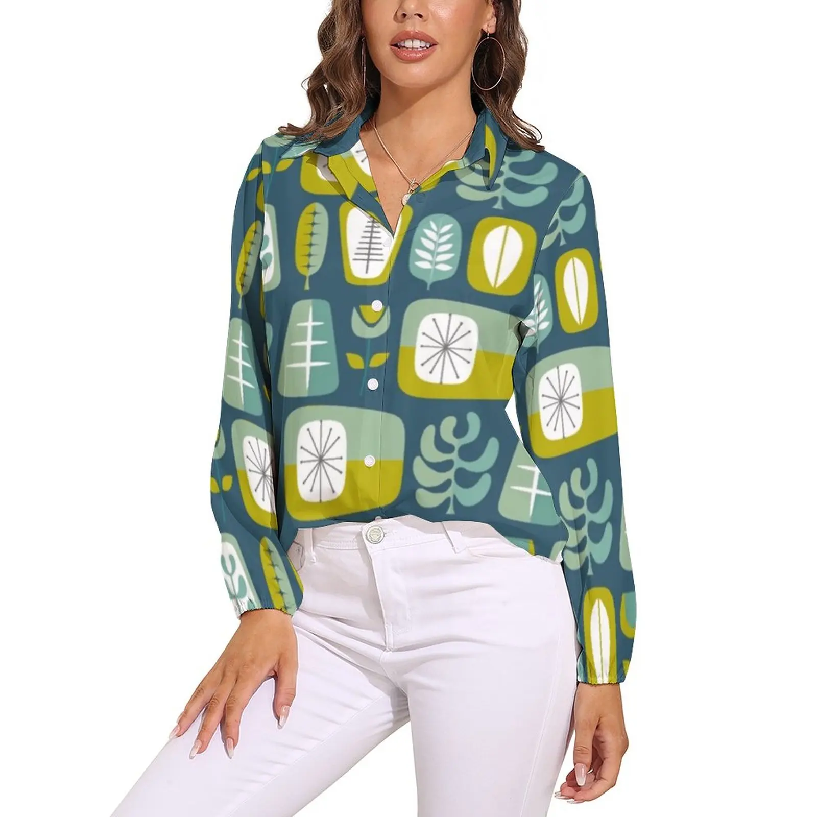 Retro 70s Style Blouse Long Sleeve Mid-Century Print Vintage