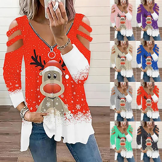 

2023 New Year Christmas Women Oversize Reindeer Print Blouse For Female Casual Long Sleeve V-Neck T-Shirt Festival Tops Costumes