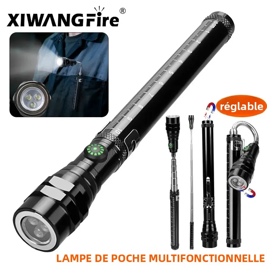 Lampe de travail multifonctionnelle à 3 LED, lampe de poche magnétique pliable, lumière de secours Rechargeable pour la réparation de voiture, outil de ramassage de Camping
