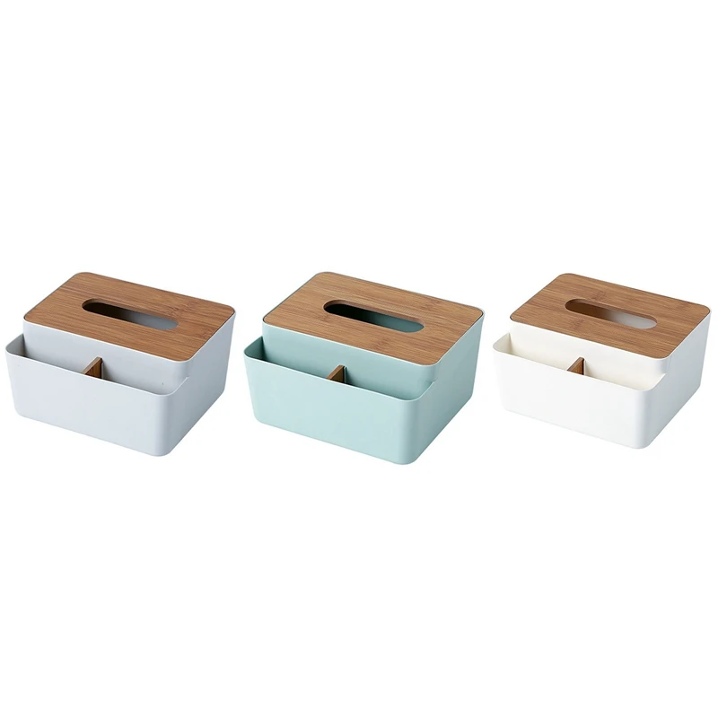 

Box Storage Organizer Box With Wooden Lid For Tissue Paper Makeup Case Multi-Compartments Phone Desktop Tissue Box