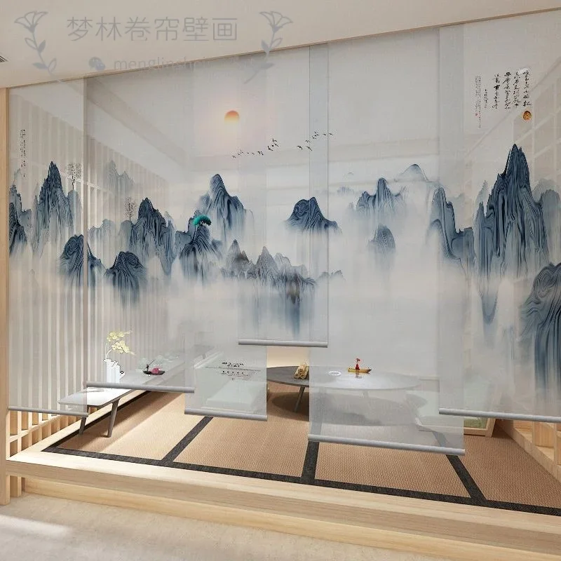 

Customized Chinese style curtains, semi transparent landscape gauze, double-sided roller blind room, office