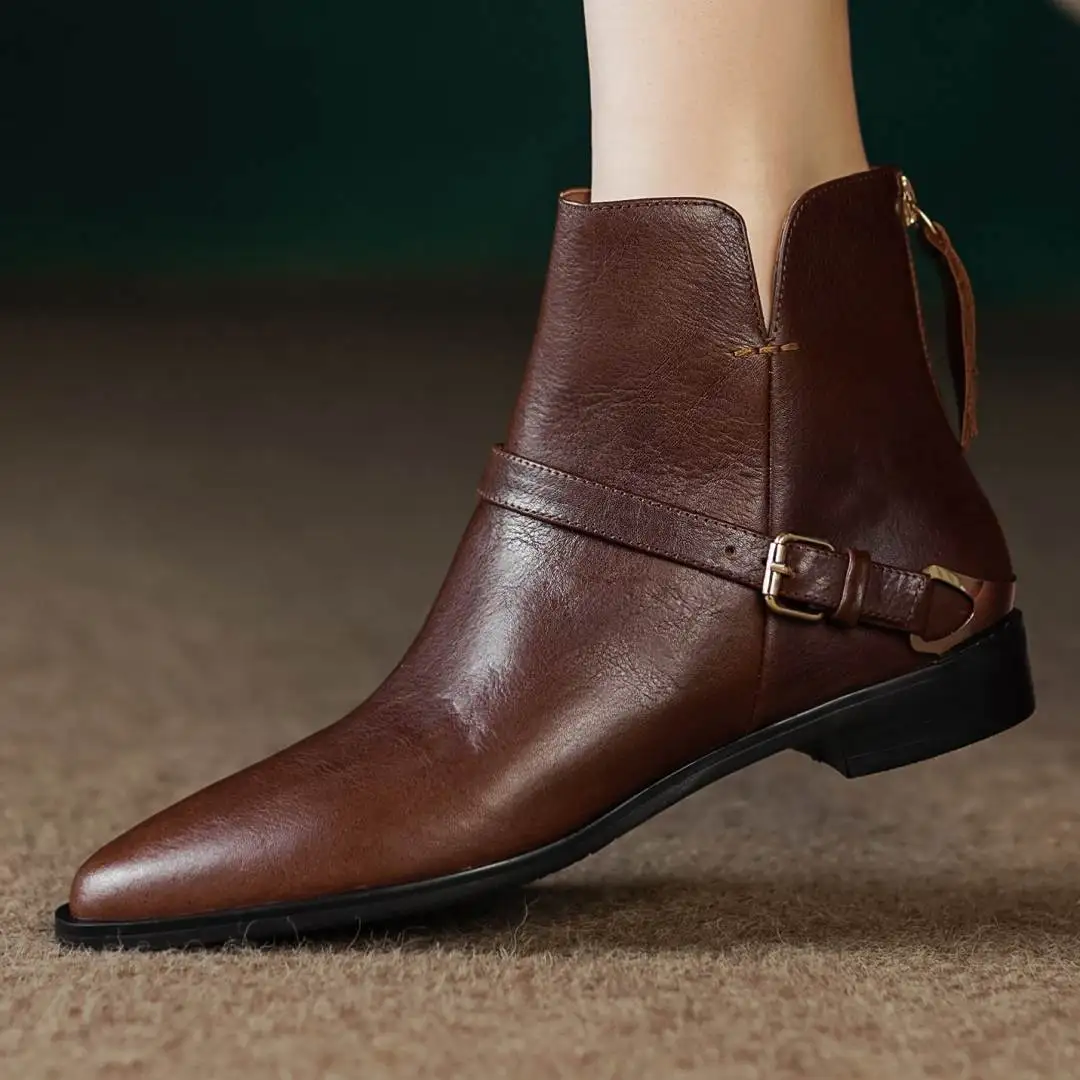 

Женские ботильоны из натуральной кожи, мягкие удобные короткие ботинки на плоской подошве, с металлической пряжкой, на молнии сзади, осень