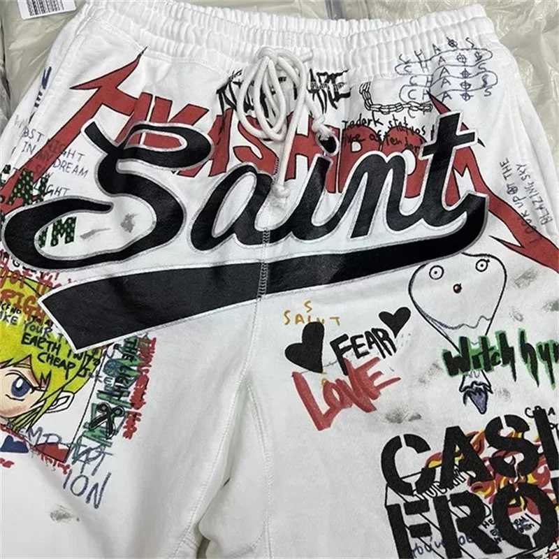 

24ss Cartoon Graffiti Print Saint Michael Shorts For Men Women 1:1 Top Quality Casual Washed Oversized Pants