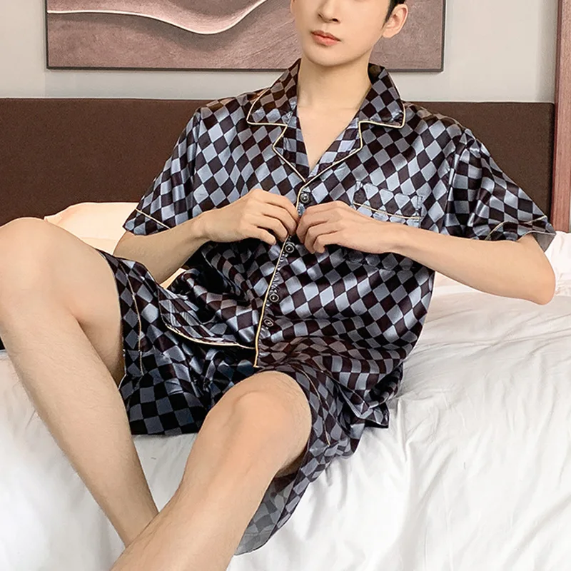 Men's Summer Thin Ice Silk Pajamas Lapel Short Sleeve Cardigan Shorts Two Piece Set Casual Loose Comfortable Home Clothing