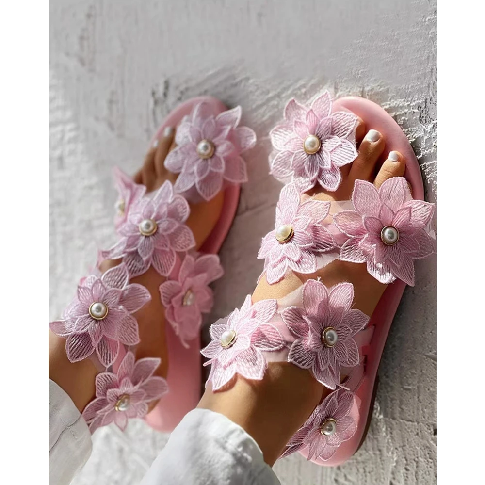 Outdoor Summer Fashion Women Toe Ring Flower Design Flat Sandals Going Out Pink Shoes Ankle Strap Casual Elegant Sandals