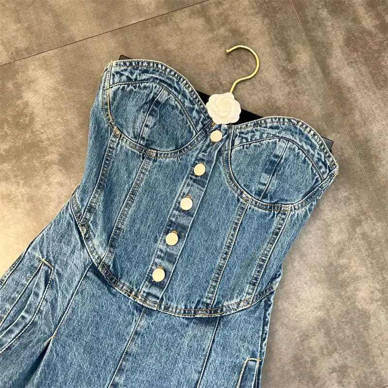 ZCSMLL Strapless Denim Jumpsuit Women's 2022 Spring New Korean Fashion Waist Closing Temperament Female Wide Leg Pants Trend