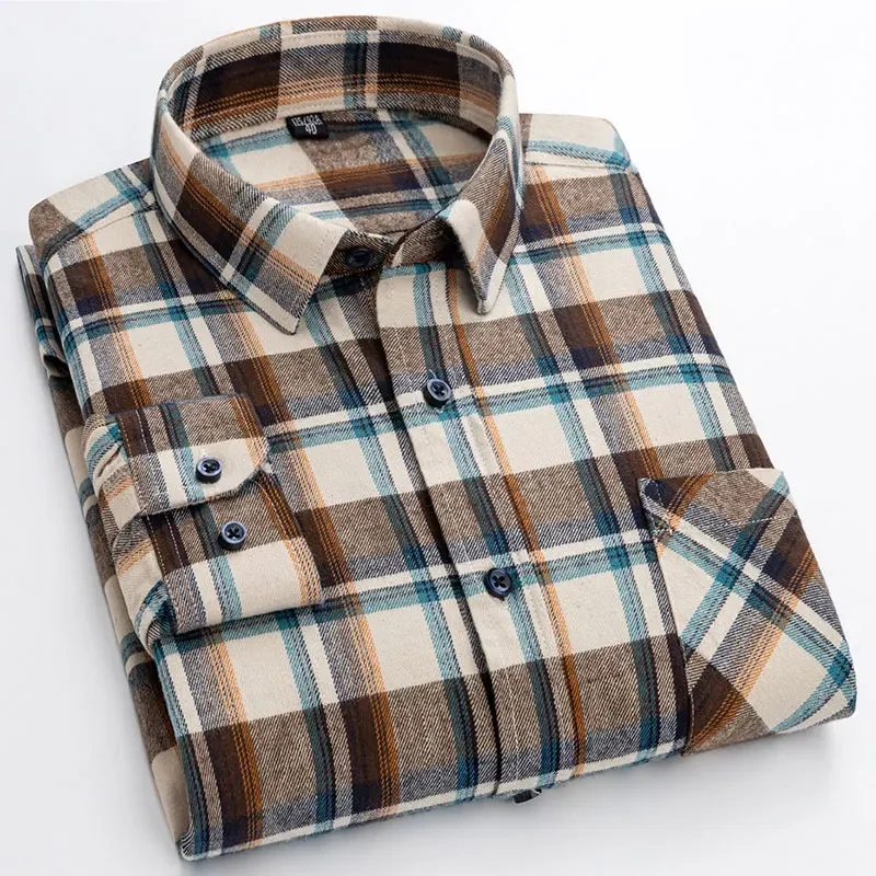 

Plus Size 6XL New Men's Plaid Casual Shirts Long Sleeved Checked Fashion Regular Fit 100% Cotton Soft Male Social Flannel Shirt