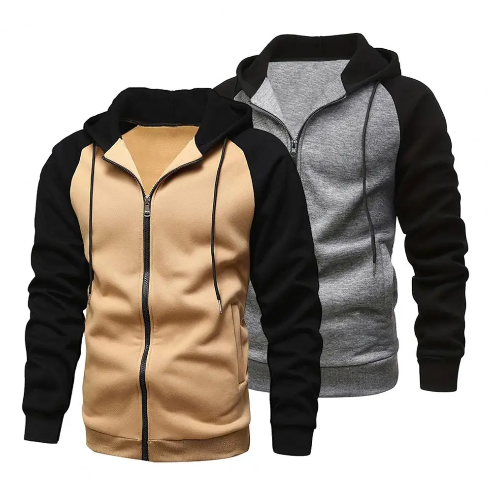 

Men Hooded Zipper Sweatshirt Men's Color Matching Drawstring Hooded Cardigan Jacket with Zipper Closure Soft Warm Mid for Fall