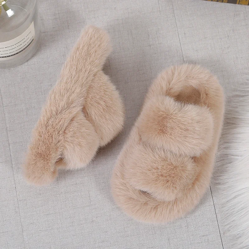 Girls Winter Fur Slippers Classic Plush Non Slip Open Toe Kids Shoes