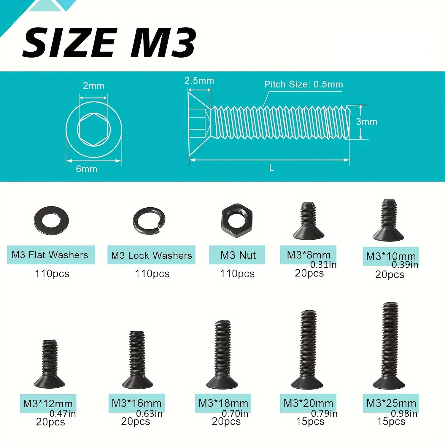 460 PCS/400PCS M3 x 8mm 10mm 12mm 16mm 18mm 20mm 25mm 30mm 35mm 40mm 45mm 50mm Flat Head Hex Socket Cap Screws Countersunk Bolt