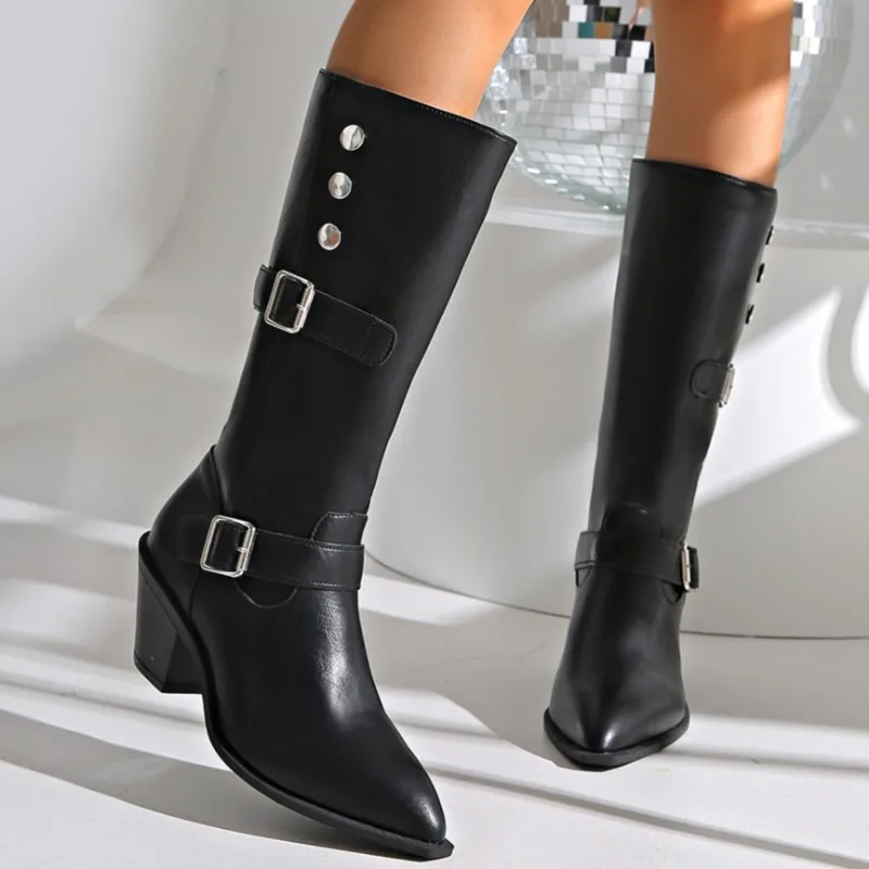 Pointed Toe Women High Boots Knee High Chunky Fashion Heeled Shoes New Trend 2025 Winter Pumps Goth Woman Chelsea Botas Mujer