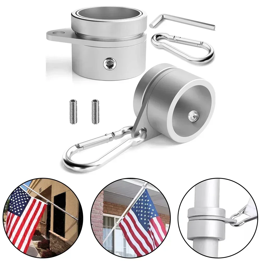2pcs Aluminum Alloy Flag Pole Rings Flagpole Flag Mounting Rings With Carabiners AntiWrap for 0.75-1 In Pole for 360&deg; Rotating Flag Pole Attachments
