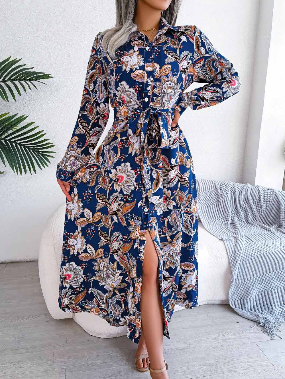 

Women's Spring/Summer Vintage Flower Collar Full Sleeve Lace up 2024 Fashion Full Combination Printed Shirt Pullover Women's Dre