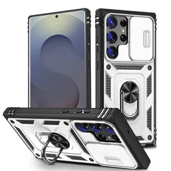 360° Rotating Armor Phone Case with Camera Slide and Military - Grade Protection - Galaxy S26 Plus (White Black)