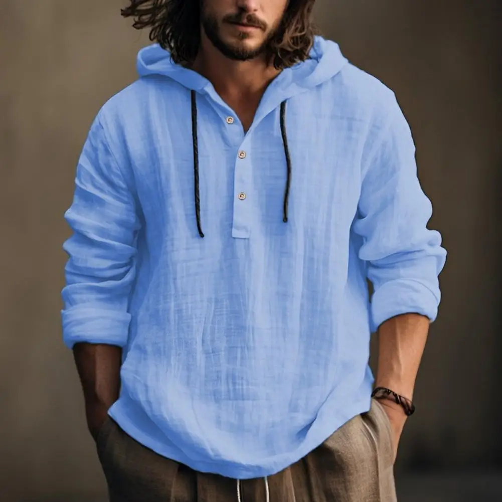 

Men Shirts Hooded Solid Color Autumn Long Sleeve Tops Casual Buttons Cotton Linen Vintage Summer Beach Shirts Camisa Masculina