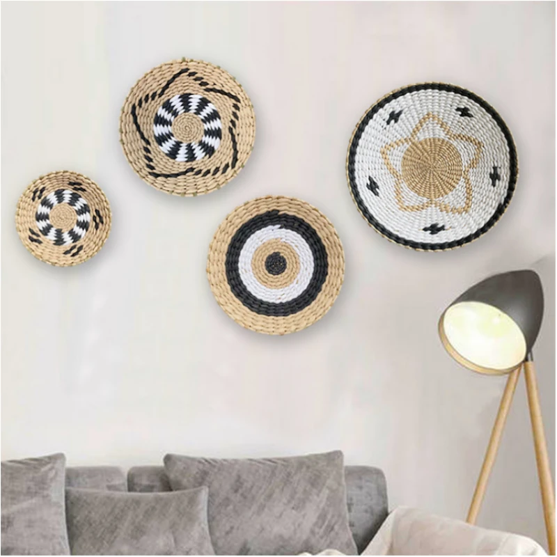 

Creative Moroccan Combination Wall Hanging Plate Rattan Grass Weaving Dishes for Home Decor Livingroom Bedroom Background Decor