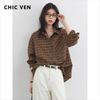CHIC VEN nouvelles femmes chemise ample décontracté à manches longues Vintage épais ponçage femme Blouses à carreaux simple boutonnage automne hiver 2025 1