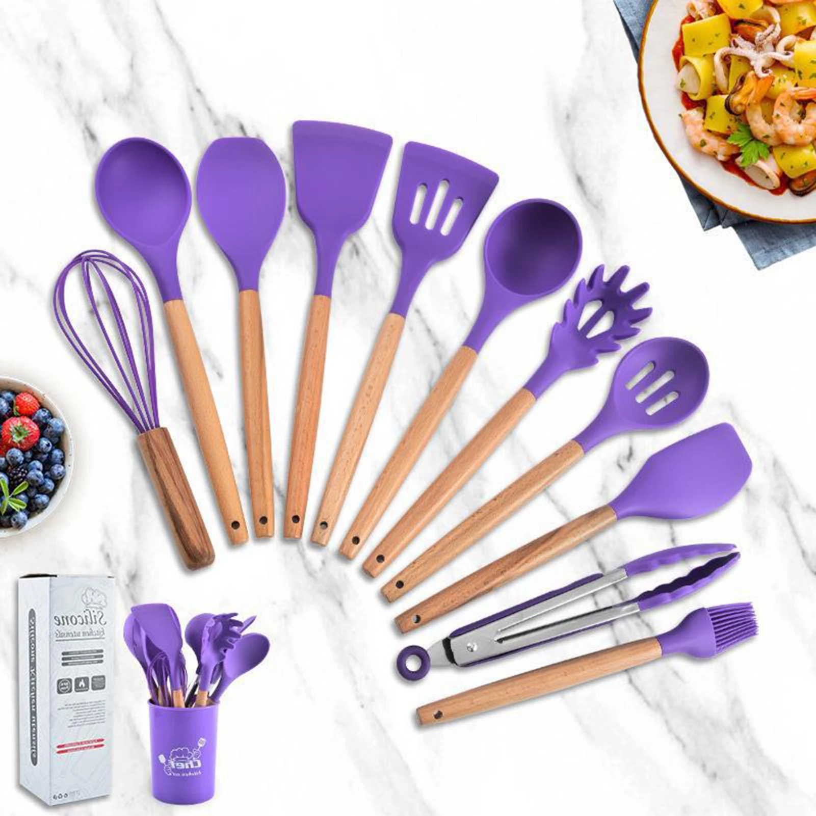 12 Piece Cookware Spatula Set Wood Handle Heat Resistant Cooking Utensils for Baking and Outdoor Grilling