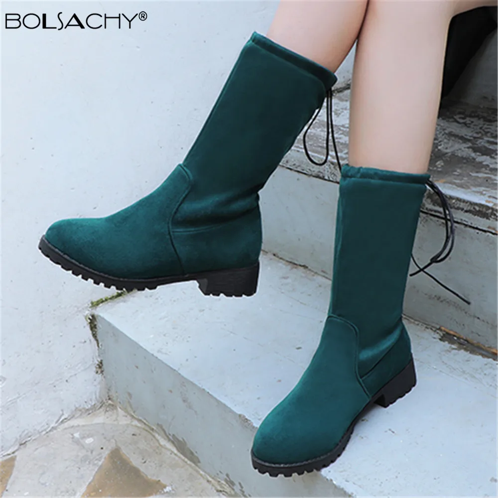 

2022 Autumn Winter Women Ankle Boots Flock Platform Low Heel Lace-up Shoes Round Toe Woman Short Boots size 33-43 Green Black