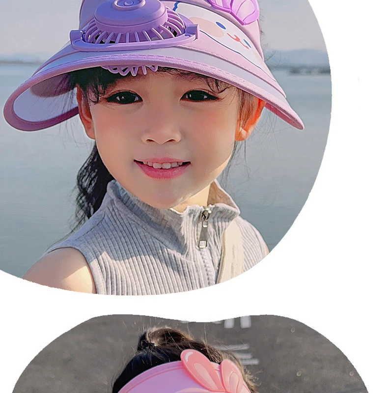 Kinder Jungen Mädchen Sommer Sonnenhut Sonne UV-Schutz Hüte Visier mit Mini-Ventilator Cartoon im Freien USB-Ladeventilator Sonnenkappe für Kinder – Detail 23