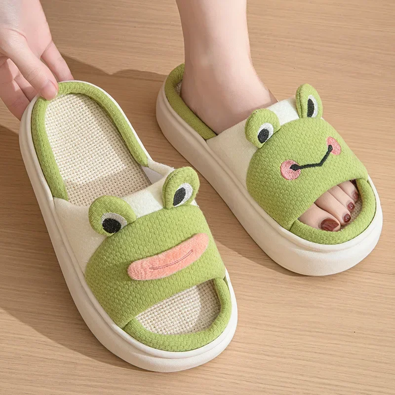 Cute Cartoon Frog Home Linen Platform Slippers for Four Seasons Indoor Green Anti Slip Thick Sole Wear-resistant Cool Slippers