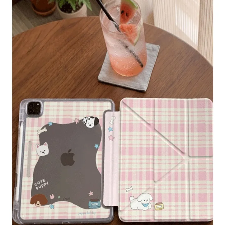 Pink Grid Cute Dog Tablet Case, Multi-Foldable Design