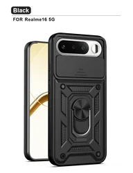 Slide Camera Lens Protector Armor Phone Case with Car Magnetic Holder and Ring Stand Cover for Realme 16 5G (SJ - Black)